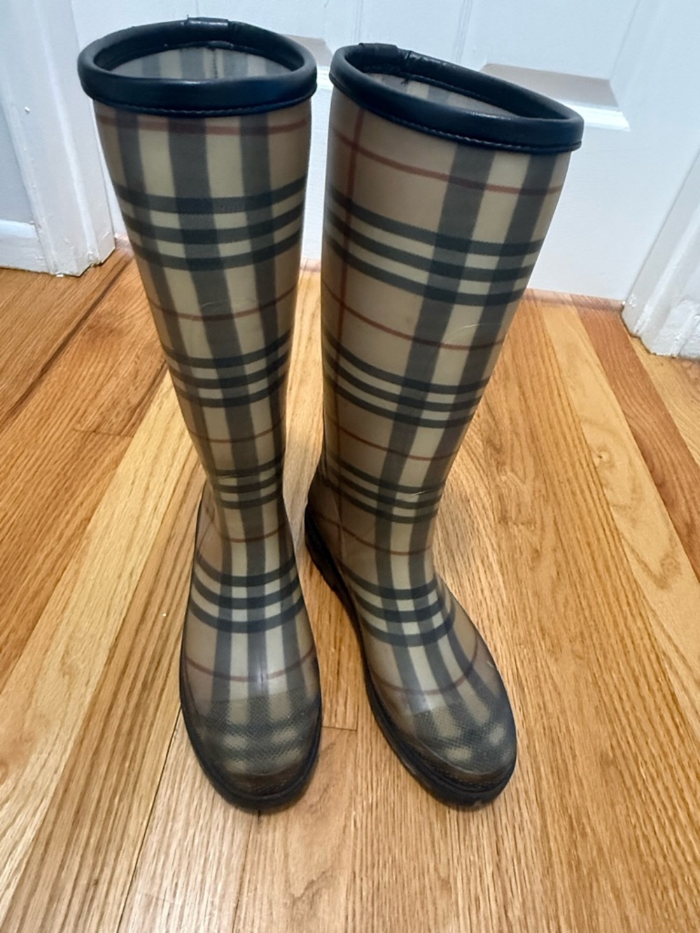 Burberry Plaid Beige and Black Knee-High Rain Boots